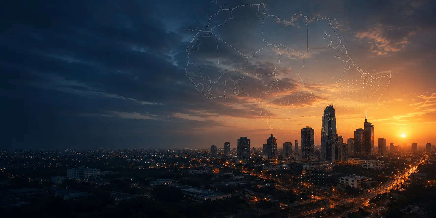 Evening skyline and waterfront across a major African city, evoking high-level dialogue and institutional partnership